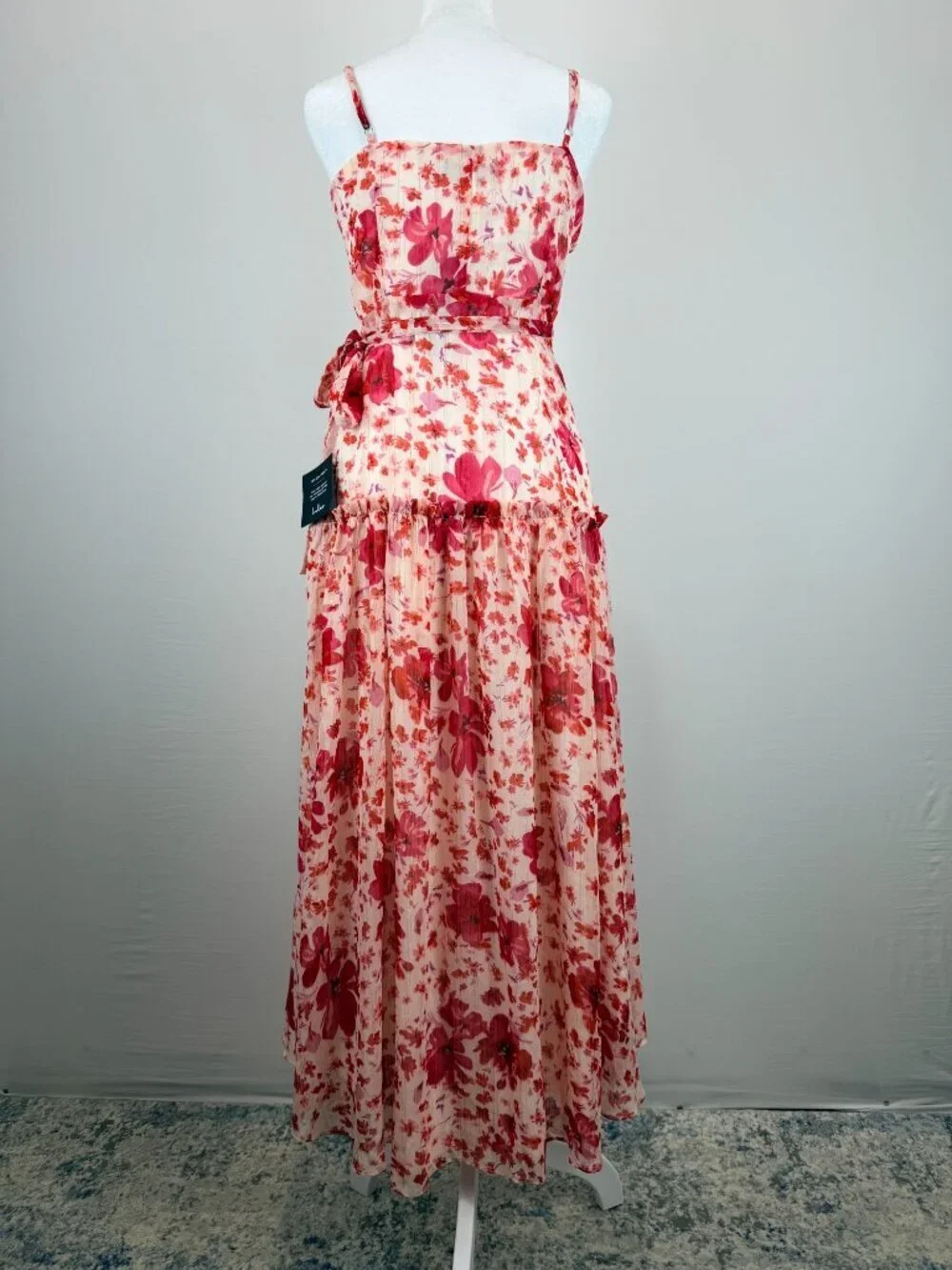Lulus Womens Size S Pink Floral Wrap Midi Dress Ruffle Sleeveless NWT - Picture 3 of 16
